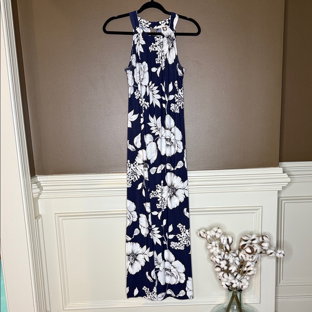 Anne Klein Navy and White Floral Maxi Dress
